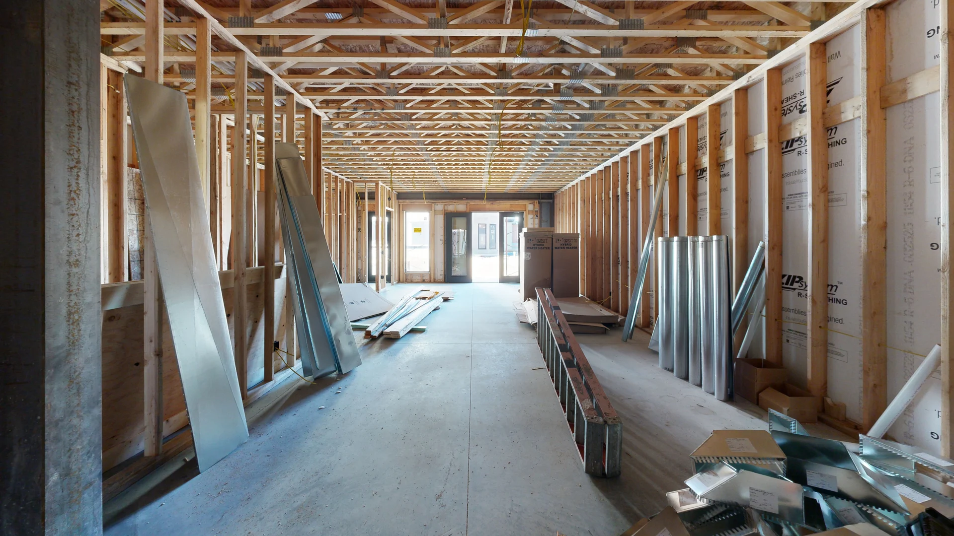 3D scan of a construction site showing exposed framing and corridor
